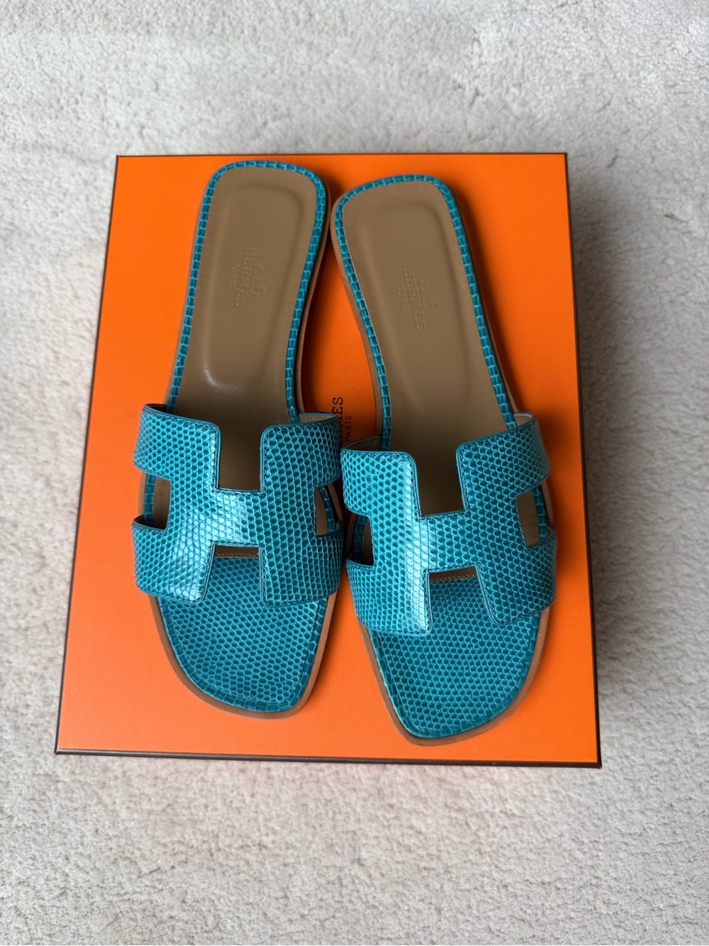 Oran Slide Sandals in Turquoise Lizard Leather